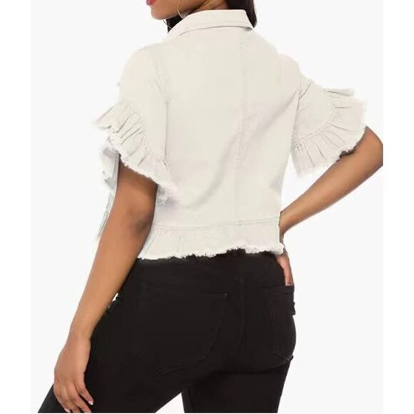 🆕Women's White Denim Jacket Button Down Ruffle Sleeve Crop Jean Jackets Coat - Picture 3 of 4